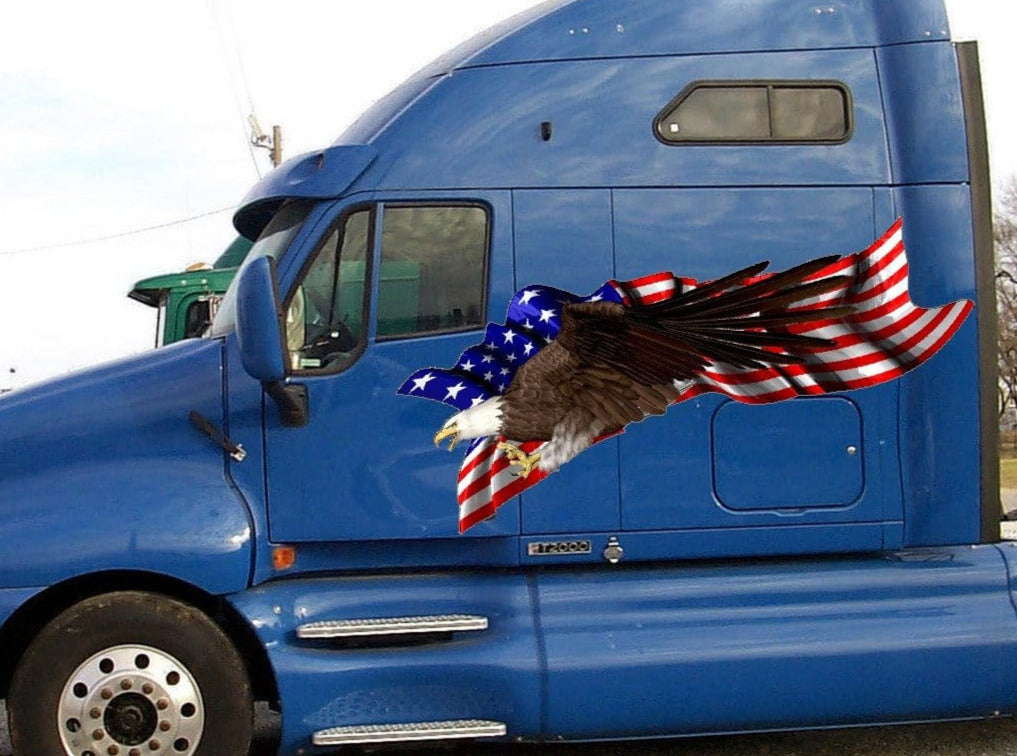american flag eagle graphics on blue semi truck